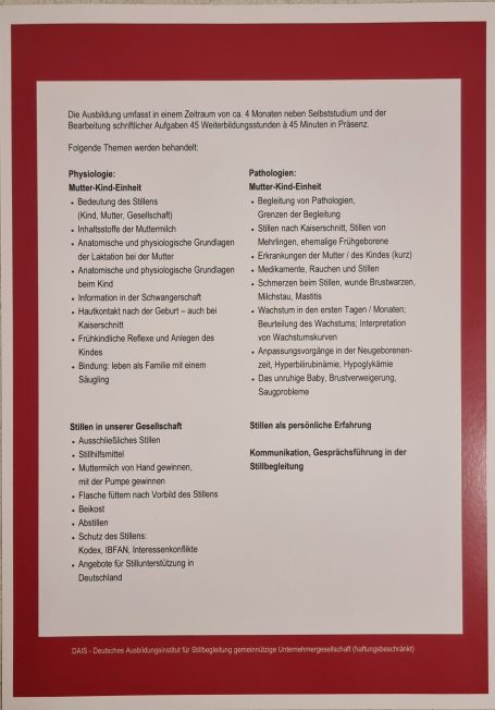 Inhaltsbeschreibung der Ausbildung Stillbegleitung DAIS 