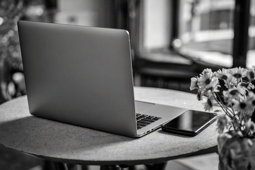 KI-generiertes Bild von einem Laptop und Handy auf einem Tisch. Ein Laptop und ein Handy liegen auf einem Tisch